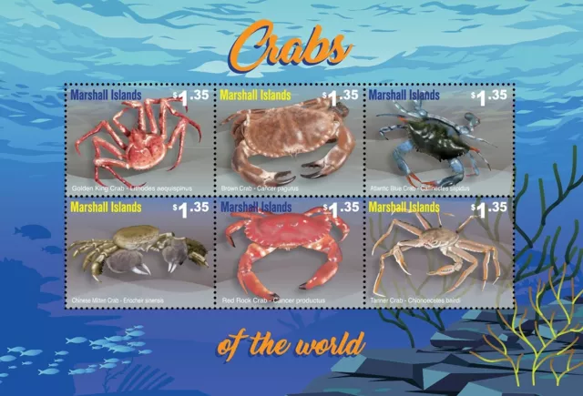 CRABS OF THE WORLD Sea & Marine Life MNH 6v-Stamp Sheet (2021 Marshall Islands)