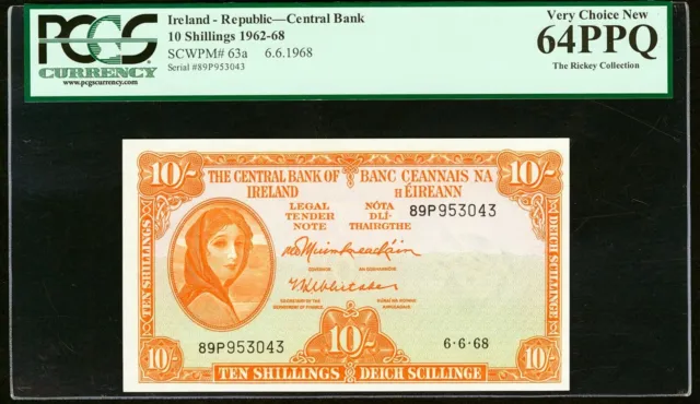 Ireland - Eire Central Bank 10 Shillings 1968 Lady Lavery Pick 63a PCGS 64 PPQ