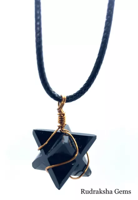Reiki Energy Charged Black Tourmaline Merkaba Star Copper Wrap Crystal Pendant
