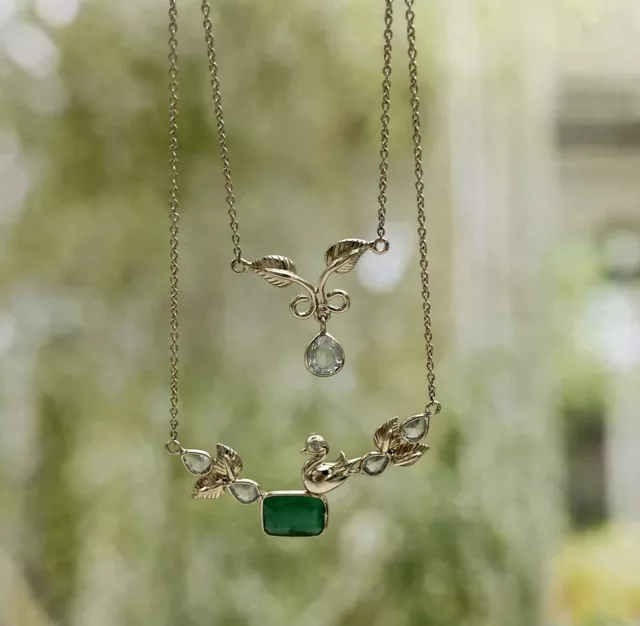 Natural Emerald Duck Double Layer Solid Necklace 10k Yellow Gold Minimalist