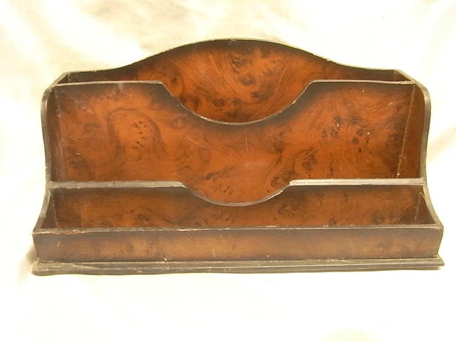 Ancien Porte Courrier Placage Loupe Orme Grand Tri Lettre Necessaire De Bureau