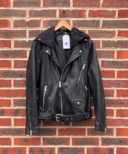 ALL SAINTS MENS RENZO Leather Biker Jacket MEDIUM removable hood