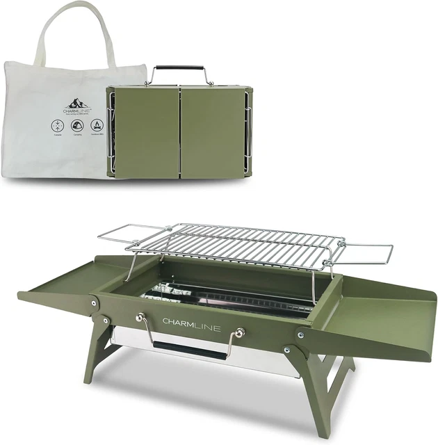 Griglia A Carbonella Portatile Pieghevole – 34x23 Cm, Verde – Per Picnic, Campeggio, Spiaggia E Giardino, Facile Da Pulire