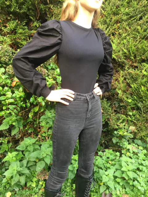 BLACK Blouse top body Goth Emo slimming sexy COTTON winter bodysuit UK 6 8 12