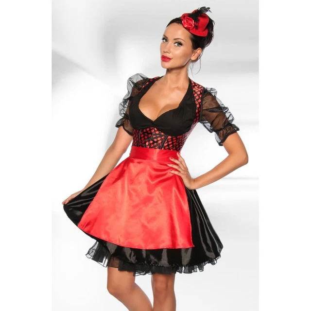 Dirndl con Pois Grembiule Sottoveste Raso IN Nero Rosso GR.XXL