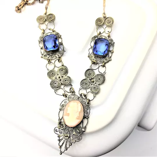 Vintage Italian Filigree Cameo Necklace Blue Stone Victorian Style Jewellery Mum