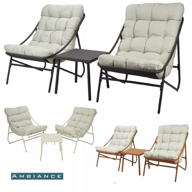 Ambiance 3pc Garden Furniture Patio Balcony Set with Cushions - 2 Chairs & Table