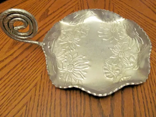 VINTAGE 7.5" PRESSED ALUMINUM SERVING DISH FLORAL DESIGN With HANDLE