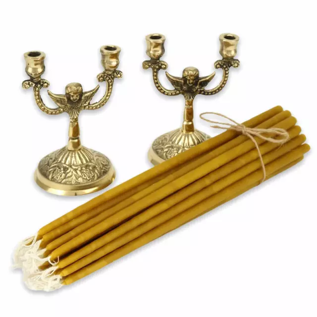 Pure Beeswax Orthodox Church Candles 20 pcs (9") + 2 Angel Double Candle Holders
