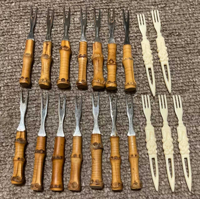 Vtg Lot 19 Hors D’oeuvre Cocktail Small Forks Stainless Wood Plastic Japan