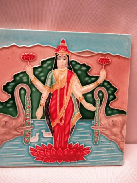 Antique Tile Art Nouveau Majolica Porcelain Lakshmi Raja Ravi Varma Japan"708 3
