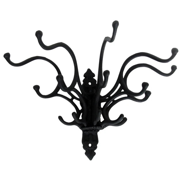 Vintage ANTIQUE wrought Cast IRON Victorian folding hat coat RACK 15 WALL HOOKS