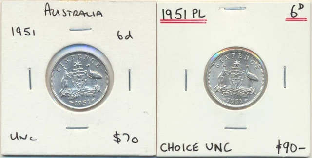Australia: 1951, 1951-PL Sixpence King George VI KGVI 6d UNC/Choice UNC