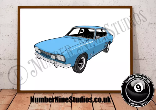 Ford Capri MK 2 Blue Edition Illustration, hohe Qualität, signiert vom Künstler.