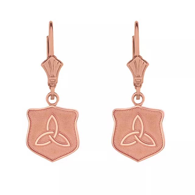 Solid 14k Rose Gold Trinity Triquetra Celtic Knot Shield Shape Earrings