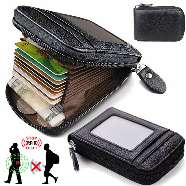 Men Wallet Leather Credit Card Holder RFID Blocking Zipper Thin Pocket ID Window
