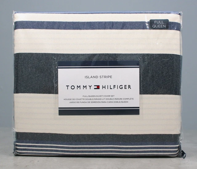 Tommy Hilfiger Full Queen Duvet Cover Set Navy Cream Island Stripe Nautical