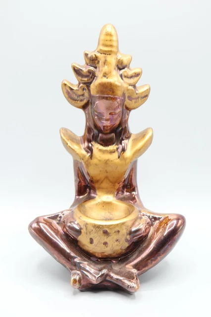 Brazil Purple Gold Painted Pottery Figure Indian Headdress Incense Burner Sensor