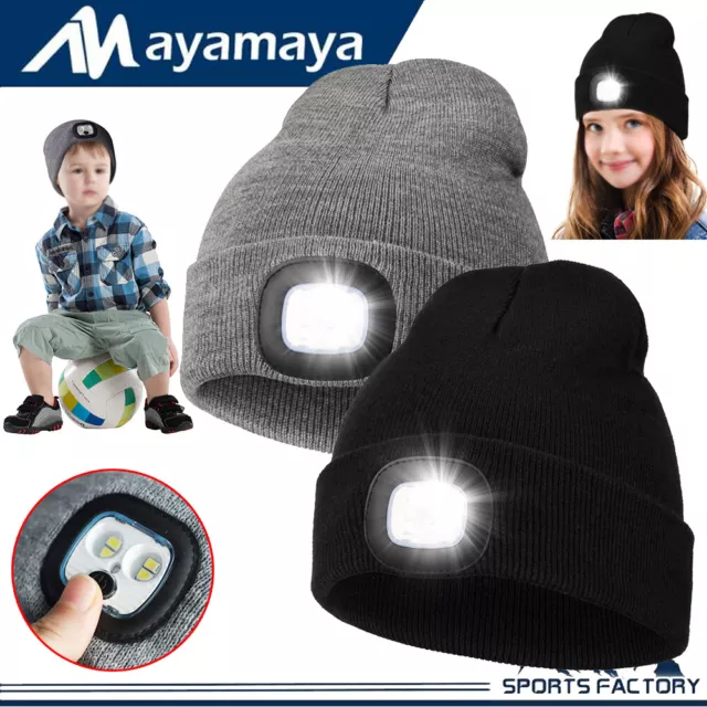 Kids Beanie With Light Knitted Winter Hat Warm LED Headlamp Cap Boys Girls Gift