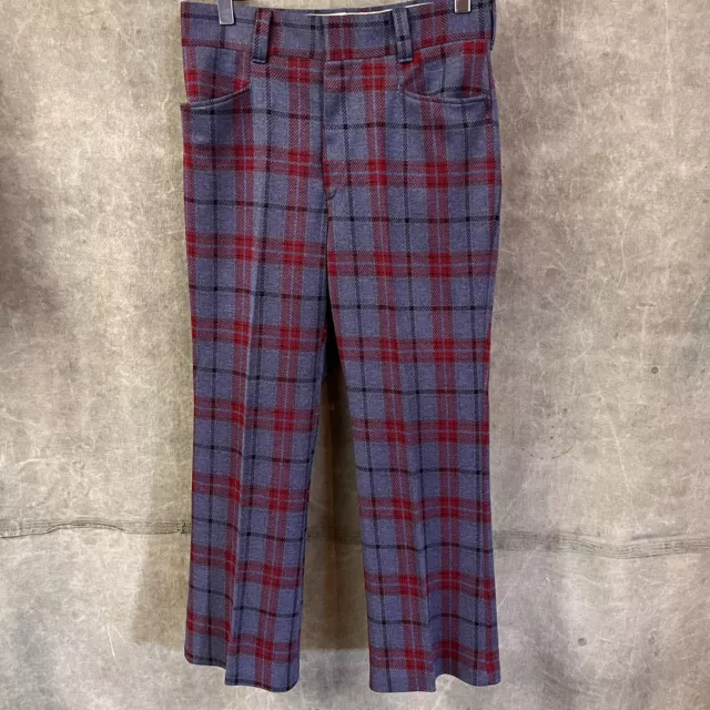 VTG 70s Plaid Polyester Flared Gusset Trousers 32x28 Talon Zip
