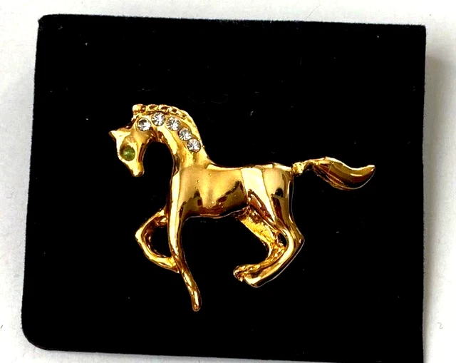 Broche Vintage Cheval Doré Avec Strass - Épingle - Occasion Bon état - Fabriqué En France