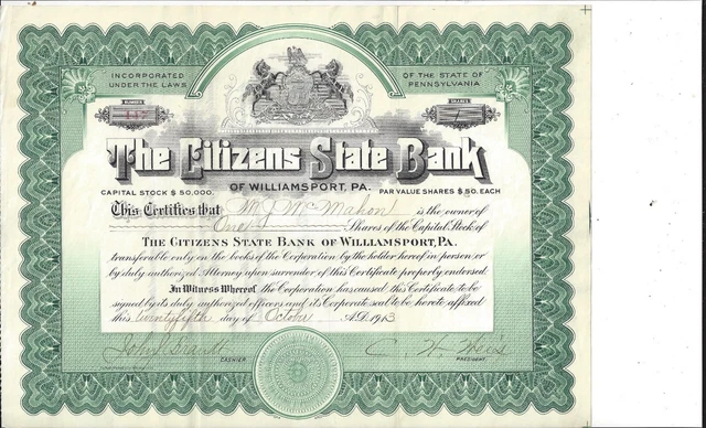 The Citizens State Bank Of Williamsport Pa....1913 Common Stock Certificate