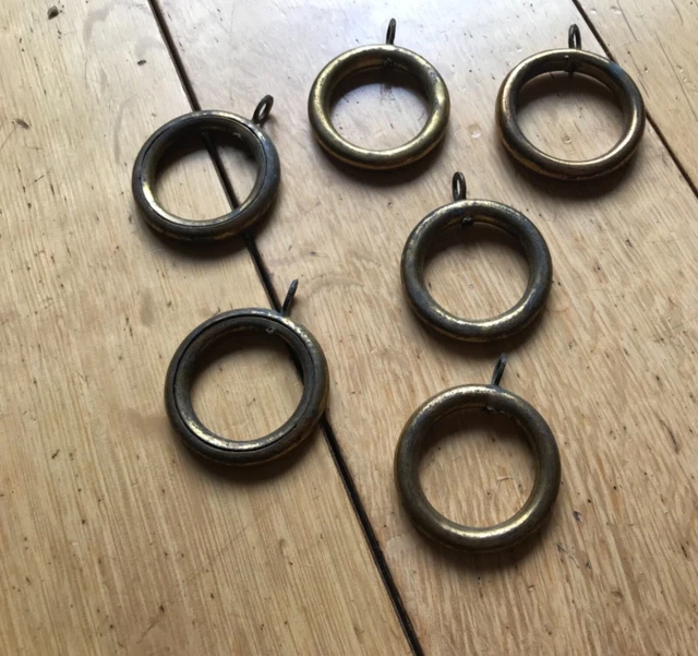 Antique Brass Curtain Rings Victorian Holder Hangers Vintage x6 (K5)