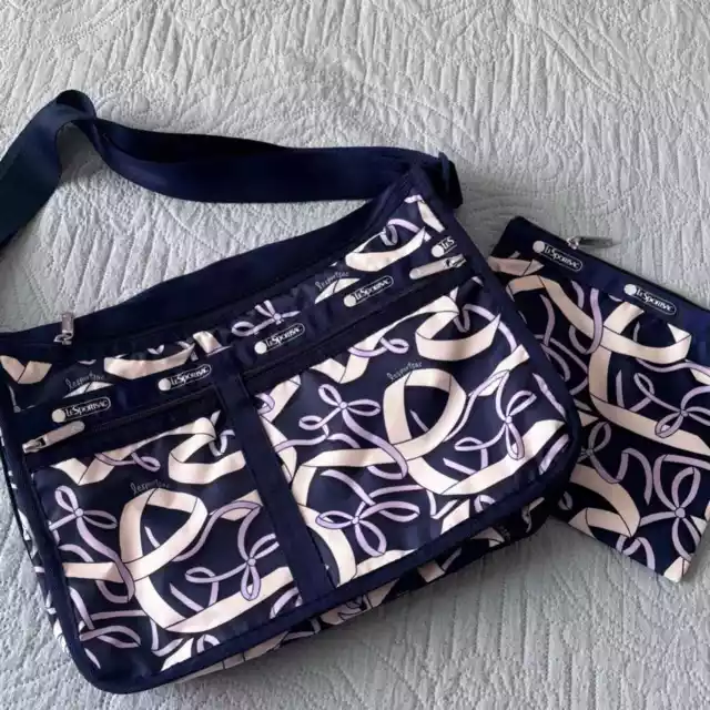 LeSportsac Deluxe Everyday Hobo Bag navy blue off white lavender ribbons print