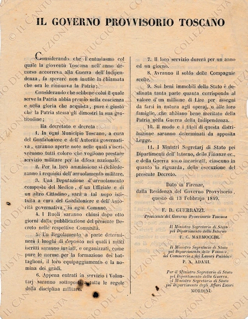 1849 FIRENZE Governo Provvisorio Toscana arruolamento militare Editto
