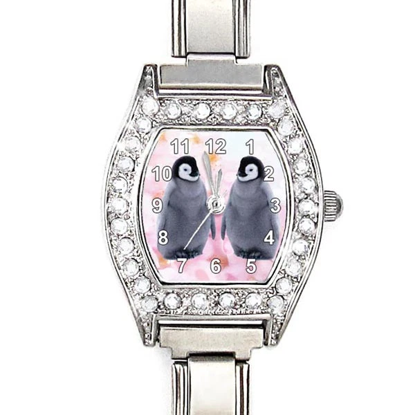 Twins Penguin Baby CZ Womens Stainless Steel Italian Charms Wrist Watch BJ1167