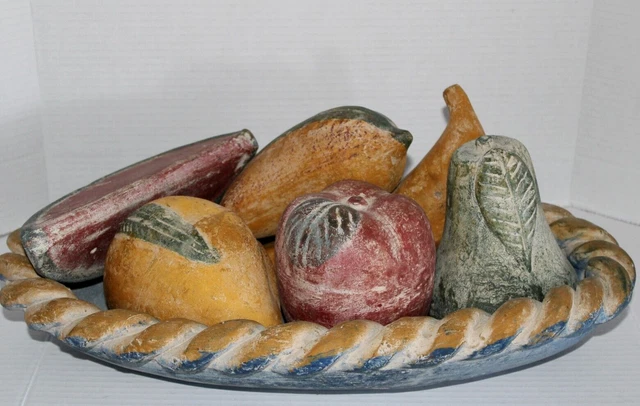 Vintage Mexican Clay Pottery Braided Bowl 6 pc Fruit Hand Painted Terra Cotta