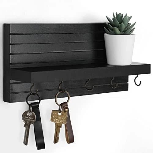 Decorative Key Holder for Wall with Shelf, Entryway Shelf Hooks Holds (Black)