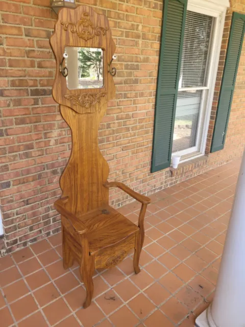 Antique Hall Tree W/ Coat Hooks & Seating Area, Mirror, And Storage Compartment 