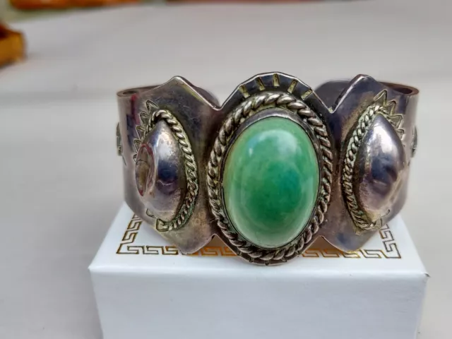 Old VTG Taxco Southwest Made in Mexico Sterling Silver Turquoise Cuff Bracelet