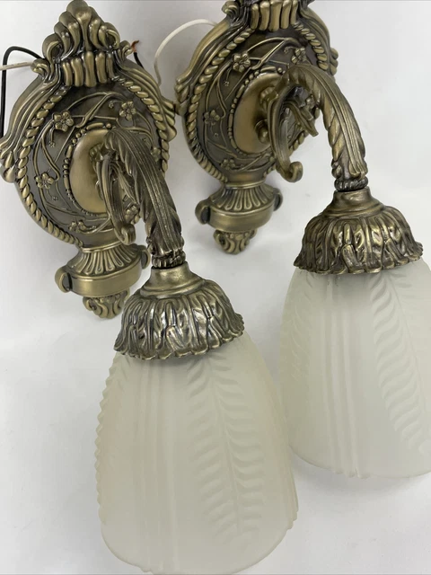 Antique Vtg Victorian Art Deco REPRO Wall Sconce Pair 2 Lamps Glass Brass Ornate
