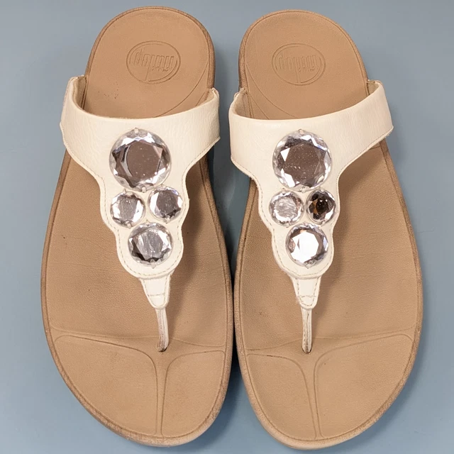 FIT FLOP Womens 9 Flip Flops White Beige Silver Lunetta Microwobbleboard Sandals