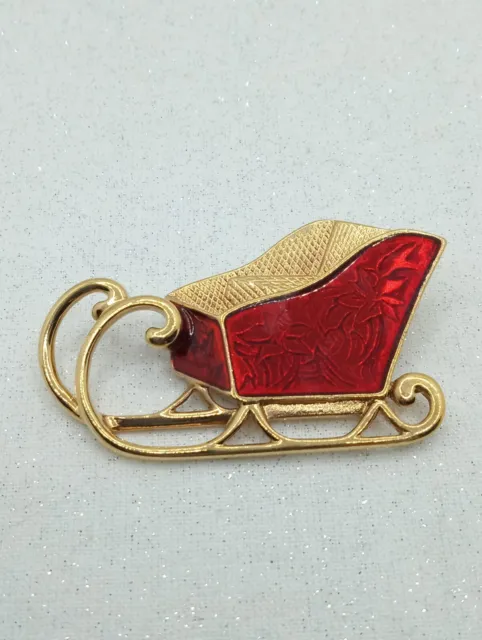 Liz Claiborne Santa Sleigh Christmas Brooch Red Enamel Gold Tone Holiday Pin