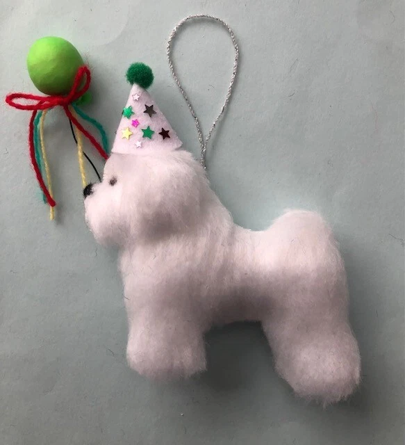 BICHON FRISE with PARTY HAT & BALLOON - PART NEEDLE FELTED DOG.
