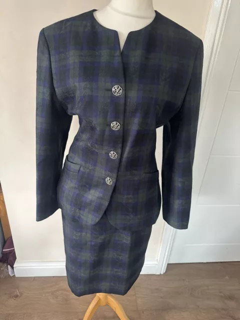 Vintage M&S Blue / Green  Check Pure New Wool Ladies Skirt Suit Size 14 YB