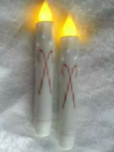 NEW CHRISTMAS CANDY CANE LED TIMER Taper Candles Clear Sparkle WHITE 2 pc 6.75"
