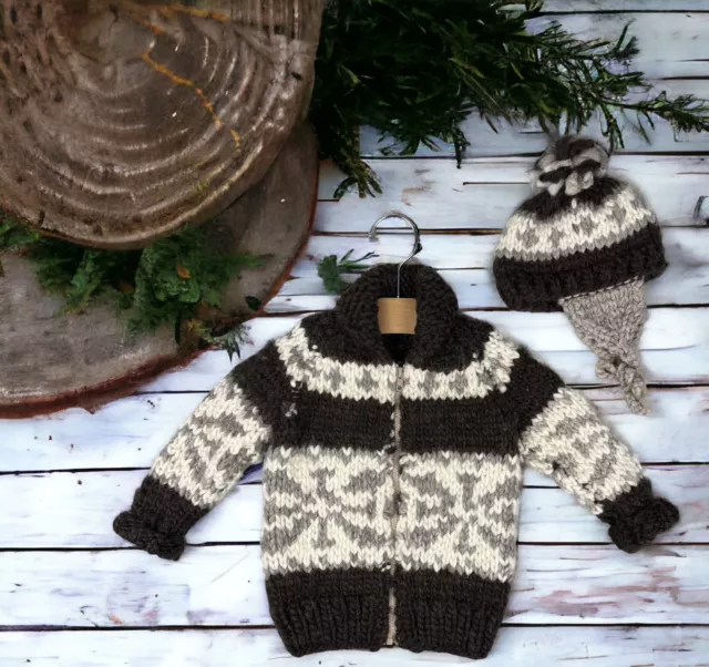 VTG Kids Hand Knit Sweater Cardigan Jacket + Hat Wool Cowichan Zip Up Winter 4T