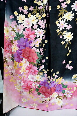 Japanese kimono SILK"FURISODE" long sleeves,Gold,Flowers, Peony, L 65" ..1186 2