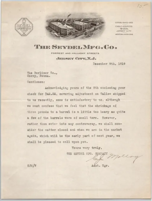 Seydel Mfg. Co. 1919 Letterhead Jersey City, NJ Specialty Chemicals Packaging