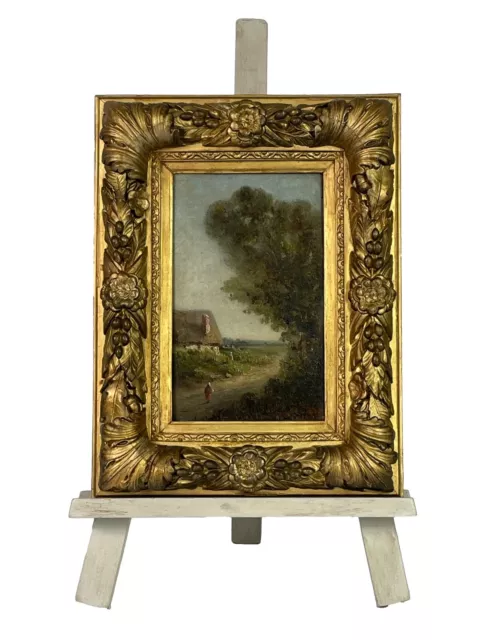 French antique 19th century oil painting 'The visitor' panel /signed /Barbizon