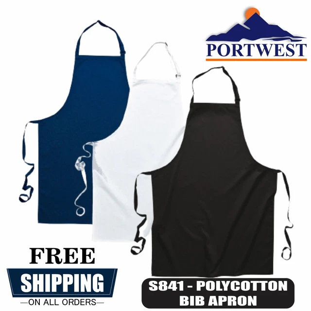 Portwest black, navy or white polycotton twill bib chef waiter work apron #S841