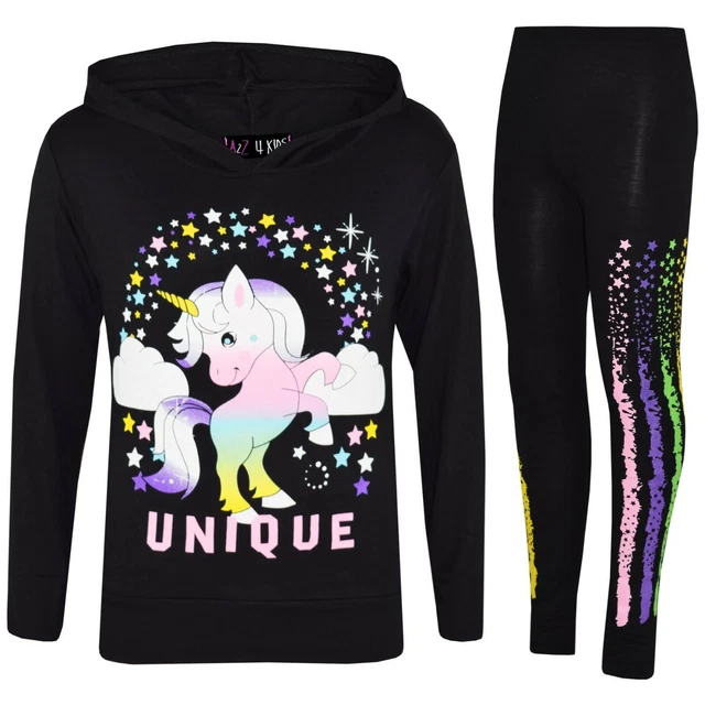 Bambine Tuta da Ginnastica Nero Top Floss Set Leggings Dabbing Unicorn Cappuccio