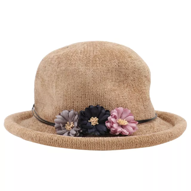 Sun Hat Curled Brim Dome Tricoté Hat Solid Flower Bowler Beach Cap pour les