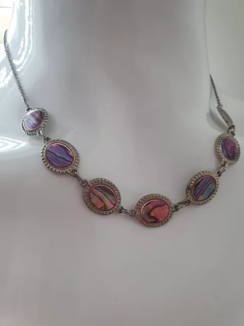 Vintage Abalone Shell 7 Oval Panel Silver Tone Necklace