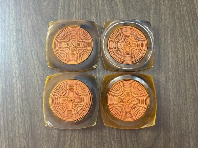 Set of 4 Mid-Century Modern Lucite Raffia Amber Swirl & Orange Coasters MCM