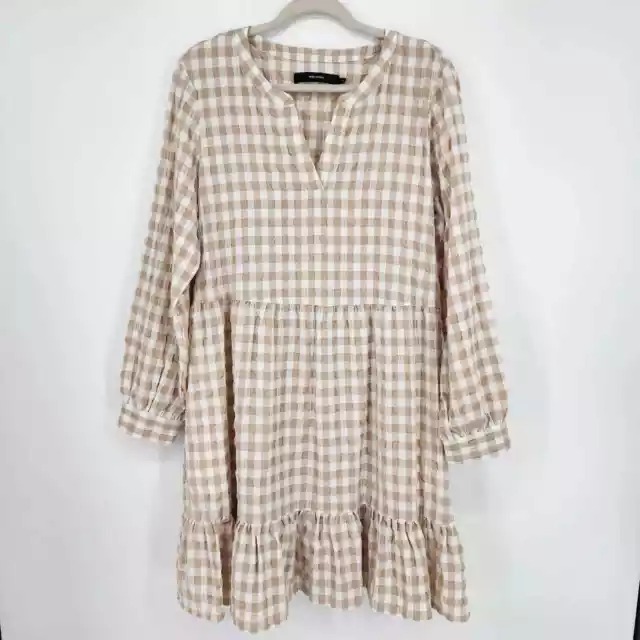 ASOS Vero Moda Gingham Smock Dress XL Textured Ruffle Hem Long Sleeve Tan Cream